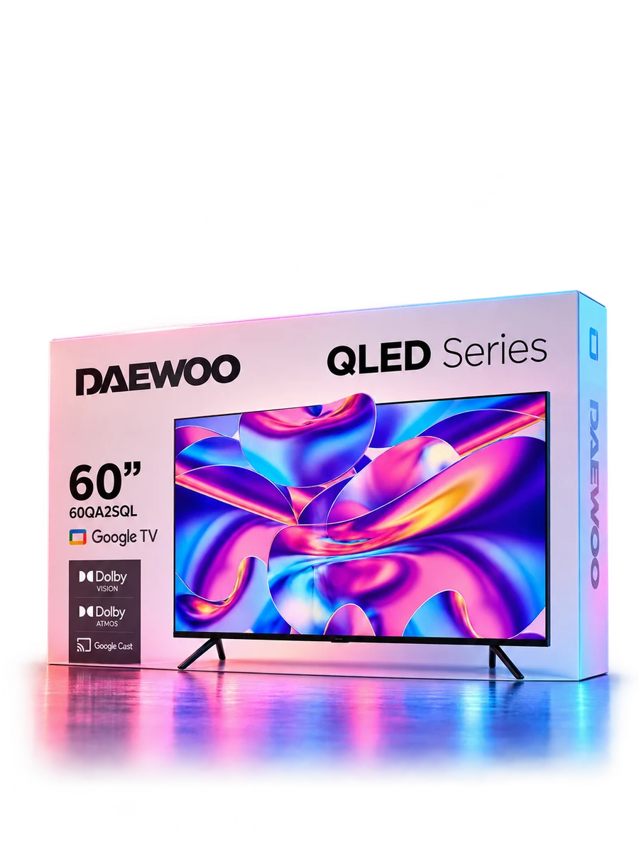 Televisor Daewoo QLED Smart Google TV de 60 pulgadas en su caja